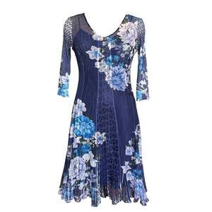Komarov Blue Floral Lace and Charmeuse 3/4 Sleeve A-Line Midi Dress sz Petite L